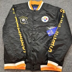 Pittsburgh Steelers Ultra Game NFL Mens Medium Satin Bomber Jacket Snap New